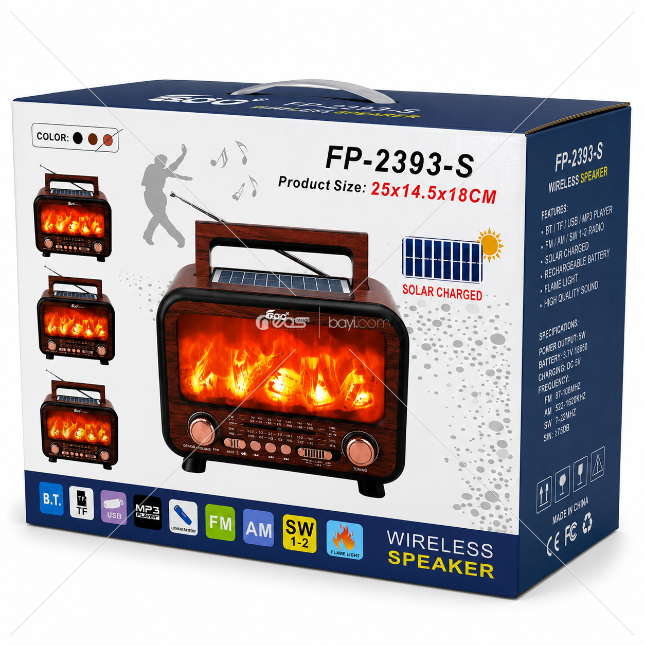 FlameWave Solar Retro Bluetooth Hoparlör – Solar Şarjlı FM/AM/SW Radyo, USB, TF Kart ve Alev Efektli LED NFW-2393S