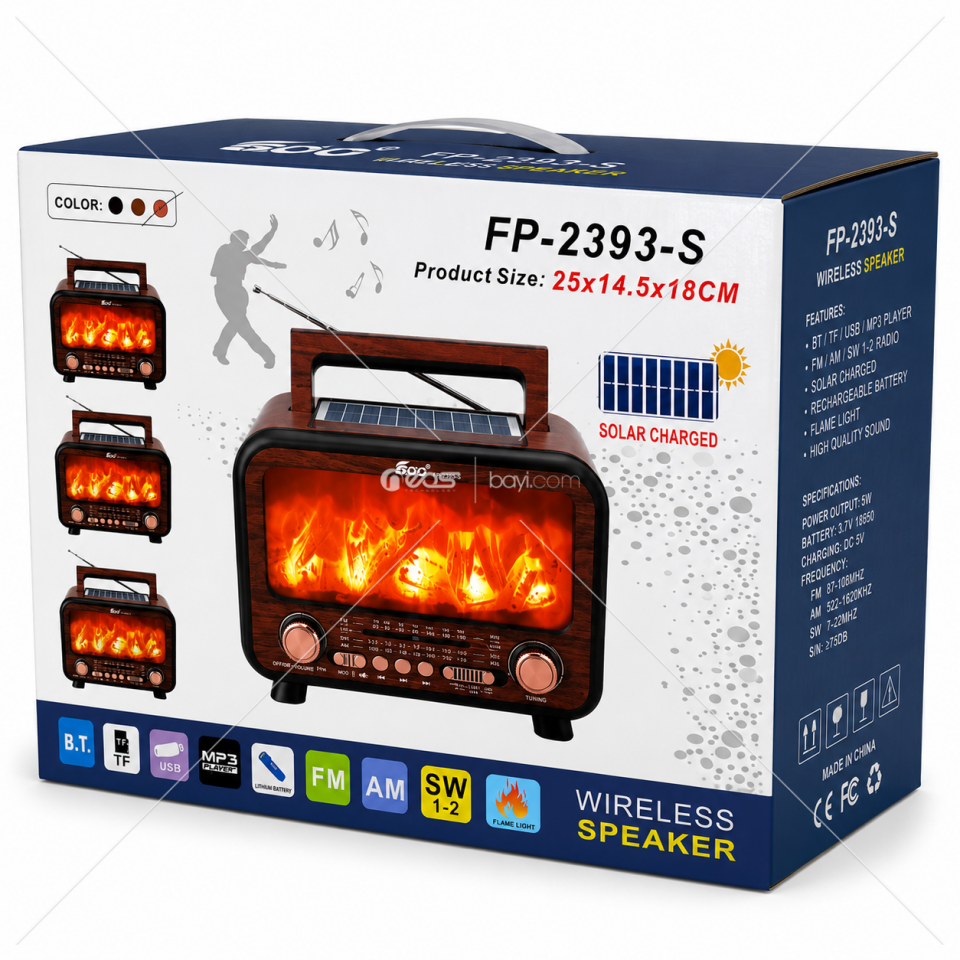 FlameWave Solar Retro Bluetooth Hoparlör – Solar Şarjlı FM/AM/SW Radyo, USB, TF Kart ve Alev Efektli LED NFW-2393S