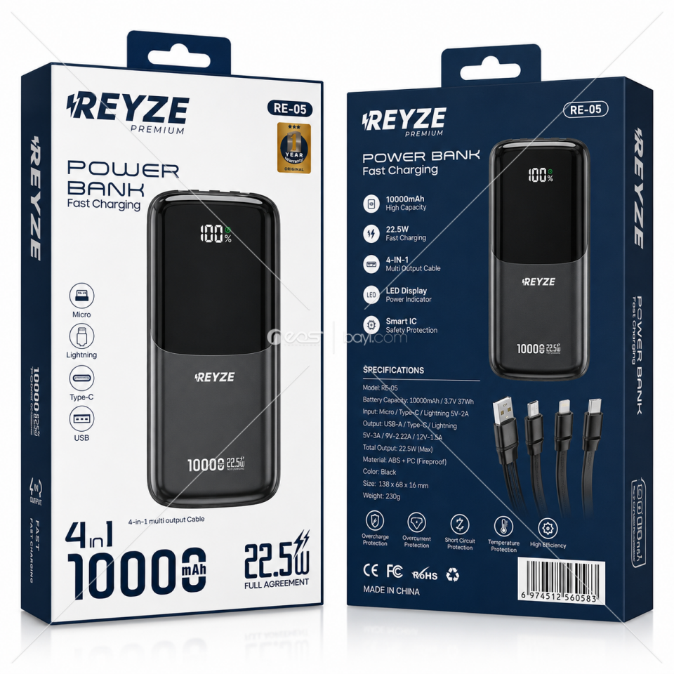 REYZE RE-05 10000 mAh 22.5W Dijital Göstergeli Powerbank – 4 in 1