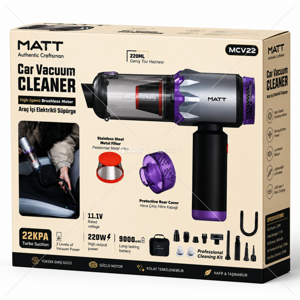 TurboVac Pro 22K 220W Şarjlı Araç Süpürgesi 22KPa Güçlü Emiş USB-C Şarjlı Çok Amaçlı El Süpürgesi
