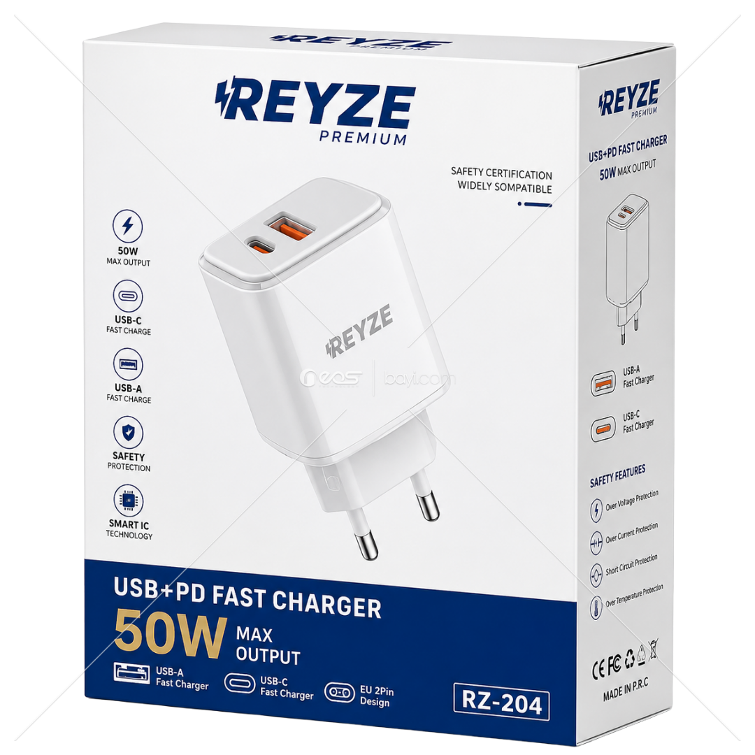 VCP50-RZ204-WH VoltCharge Pro 50W PD Hızlı Şarj Adaptörü USB-A + USB-C GaN Destekli Akıllı Şarj Cihazı