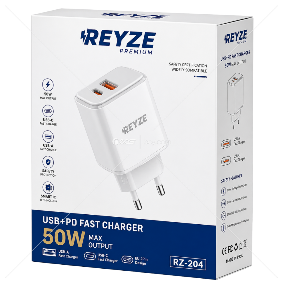 VCP50-RZ204-WH VoltCharge Pro 50W PD Hızlı Şarj Adaptörü USB-A + USB-C GaN Destekli Akıllı Şarj Cihazı