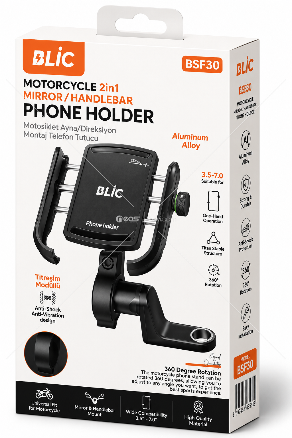 MotoGrip Pro 360 Motosiklet Telefon Tutucu Alüminyum Alaşımlı Gövde Ayna ve Gidon Montaj Desteği (2'si 1 Arada)