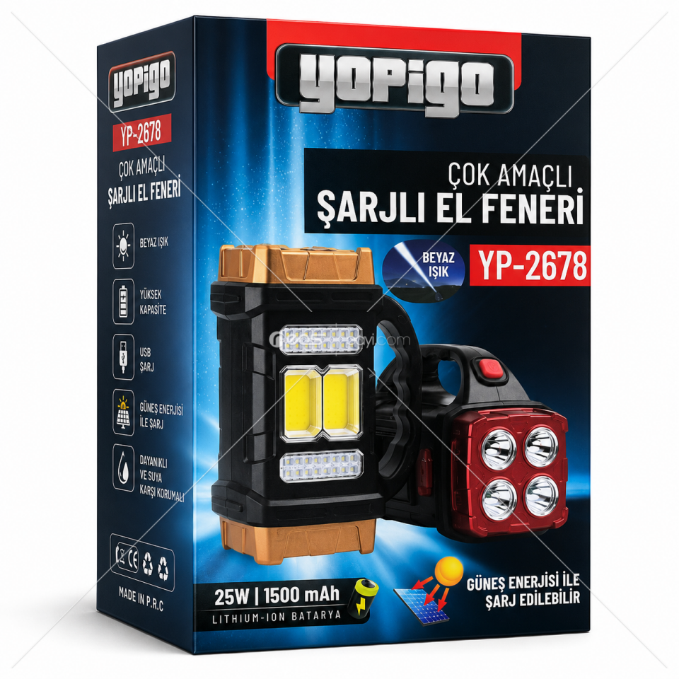 YOPIGO PowerTorch Pro YP-2678 25W Şarjlı Çok Amaçlı LED El Feneri (Solar Destekli)
