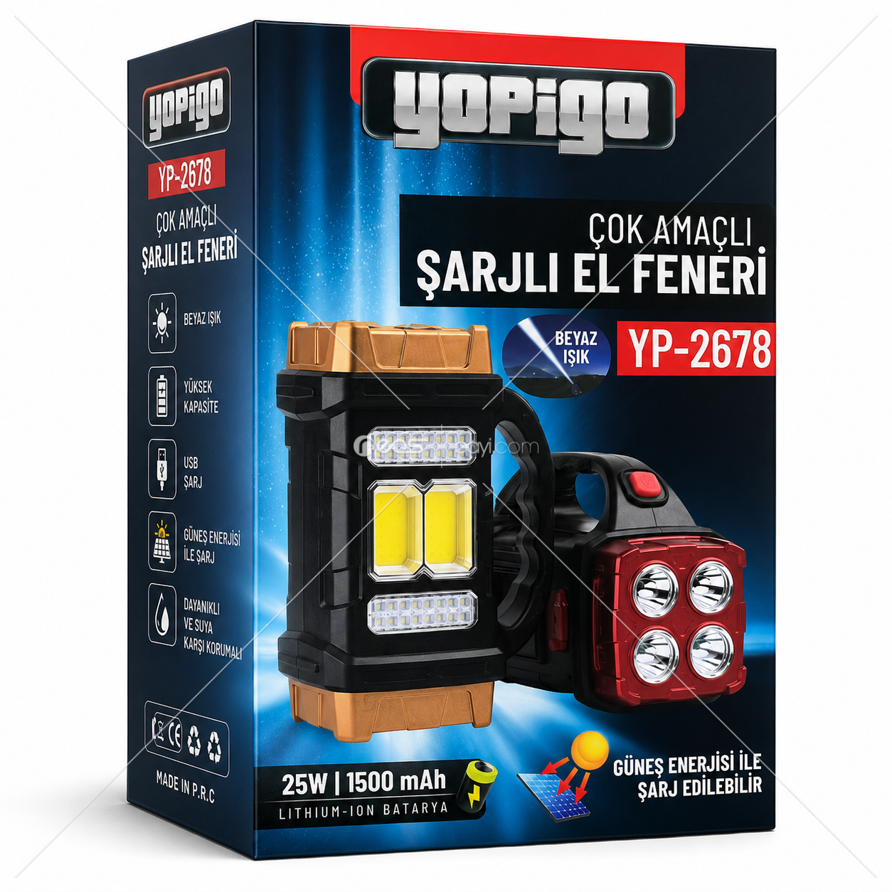 YOPIGO PowerTorch Pro YP-2678 25W Şarjlı Çok Amaçlı LED El Feneri (Solar Destekli)