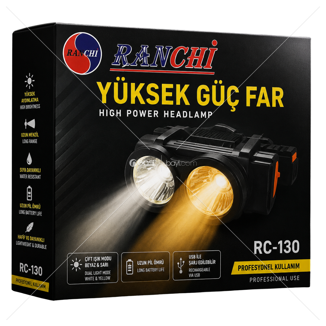 RANCHI RC-130 Pro Şarjlı LED Kafa Feneri – Yüksek Güçlü, Uzun Menzilli, Kamp ve Avcılık İçin