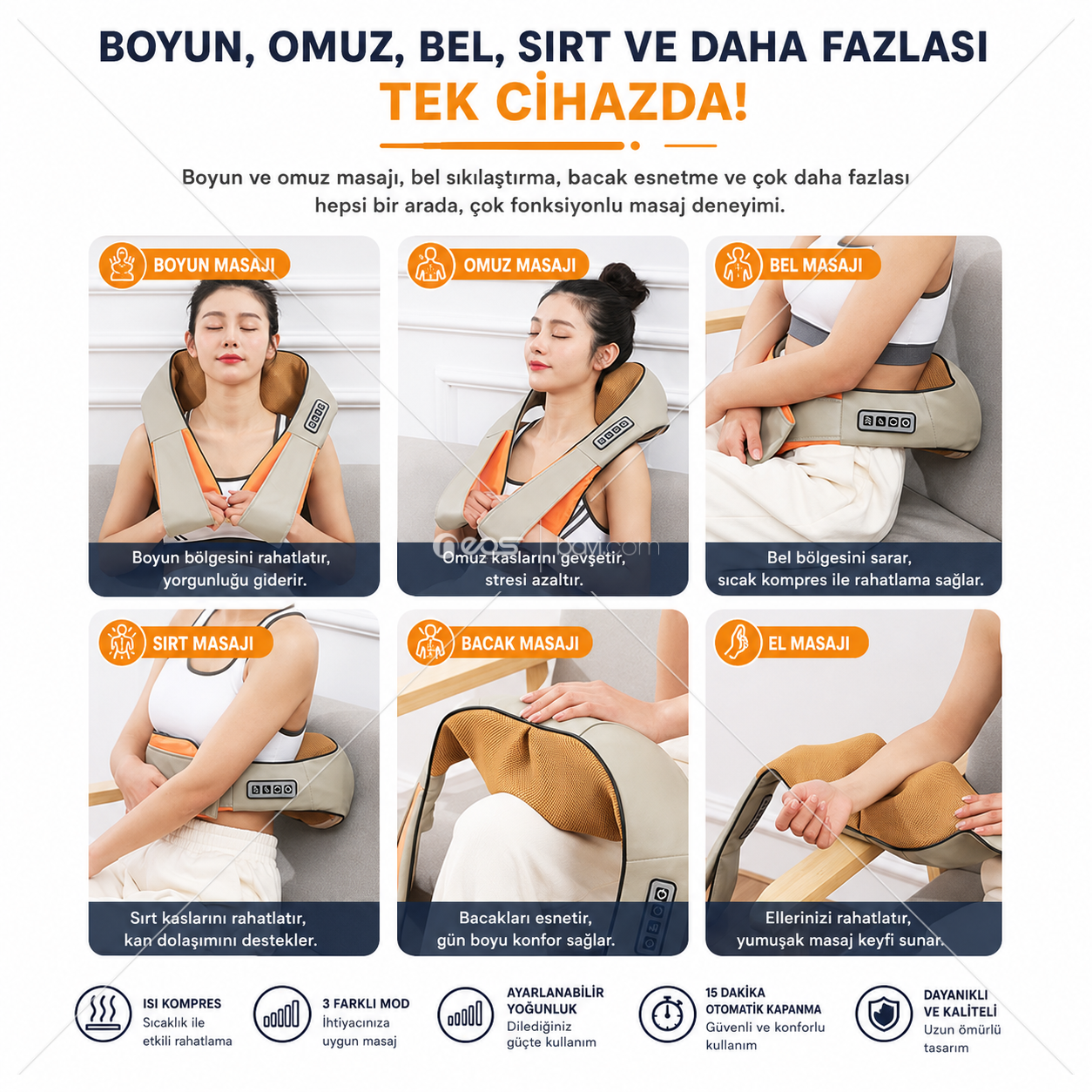 ProHeat 6D Shiatsu Isıtmalı Boyun, Omuz, Bel ve Sırt Masaj Cihazı | 3 Modlu Titreşimli Masaj Aleti