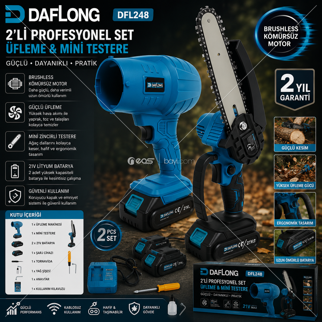 DFL248 AIRCUT PRO 2in1 21V Brushless Şarjlı Üfleme Makinesi ve Mini Zincirli Testere Seti (2 Akülü)