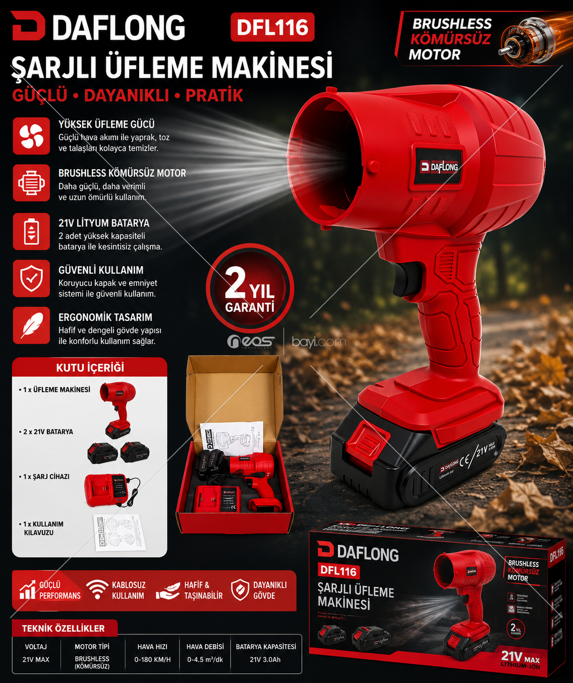 DAFLONG AIRFORCE PRO 21V Brushless Şarjlı Üfleme Makinesi | 2 Akülü Profesyonel Yaprak ve Toz Üfleyici