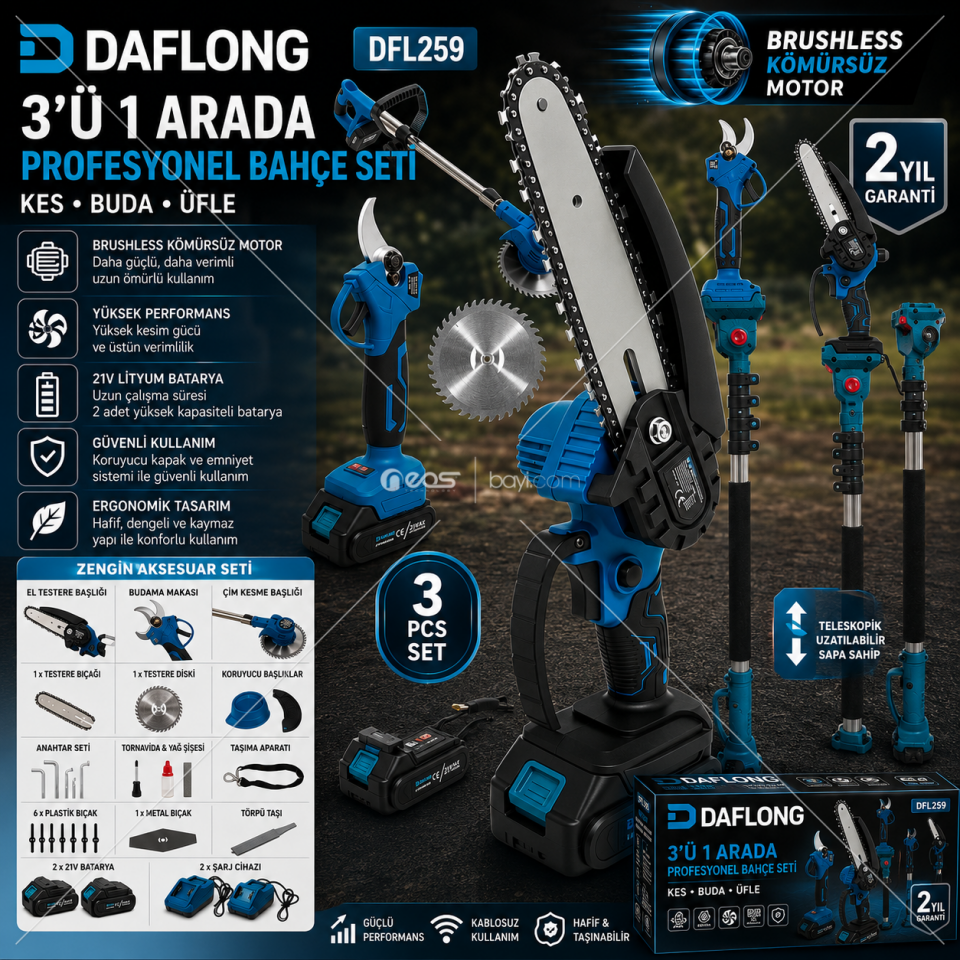 DAFLONG 21V Brushless 4'ü 1 Arada Profesyonel Bahçe Seti | Şarjlı Dal Budama Makası + Mini Zincirli Testere + Çim Kesme Makinesi+UZATMA APARATI