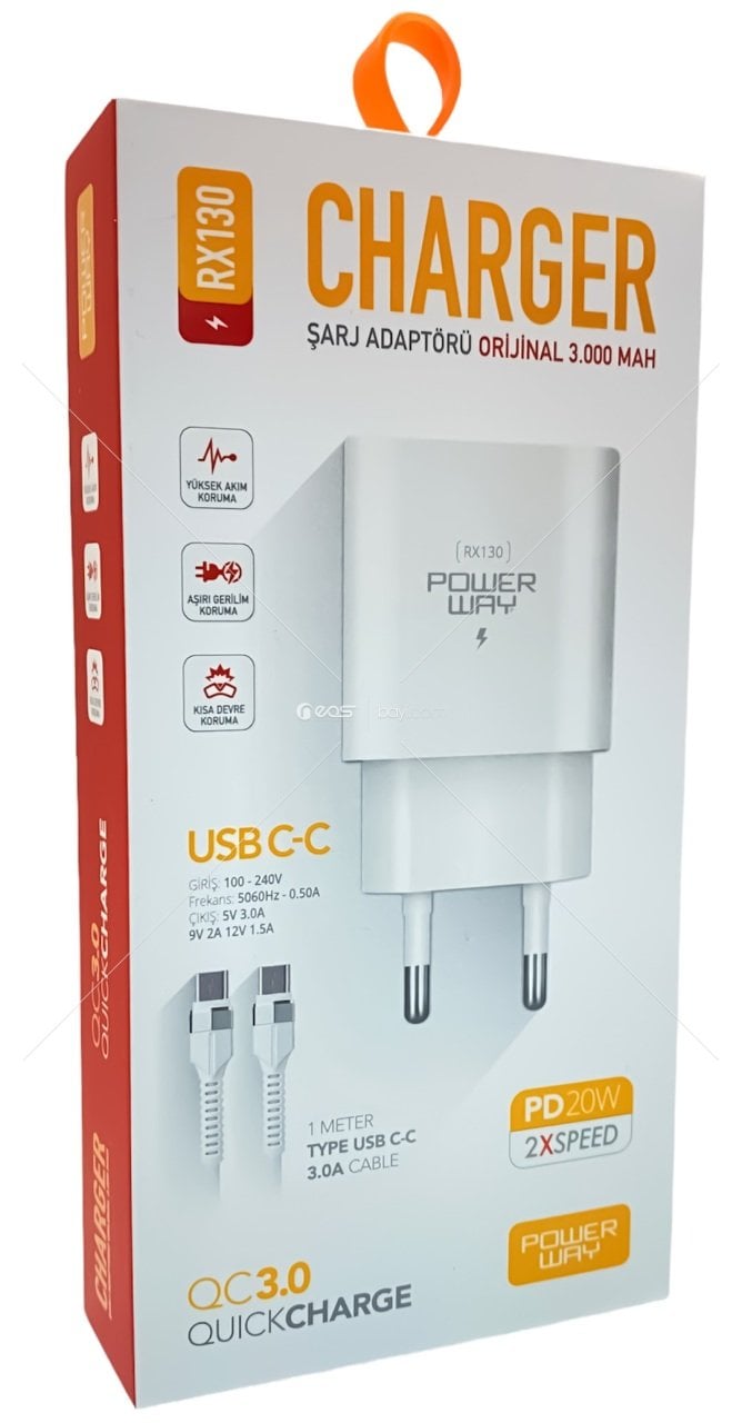 Powerway RX130 USB-C / Type-C 3.1 Apmer PD 18 Waat Kablolu Şarj Cihazı