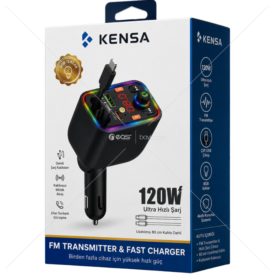 KENSA KT-332 120W FM Transmitter Araç Şarj Cihazı – Dahili Type-C & Lightning Kablo, RGB Işık, Bluetooth, USB-A + USB-C Hızlı Şarj