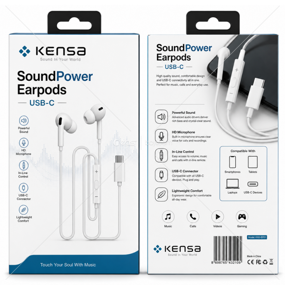 KENSA IP-90 USB-C Kablolu Stereo Kulak İçi Kulaklık – HD Mikrofonlu, Hi-Fi Ses, Müzik ve Görüşme İçin