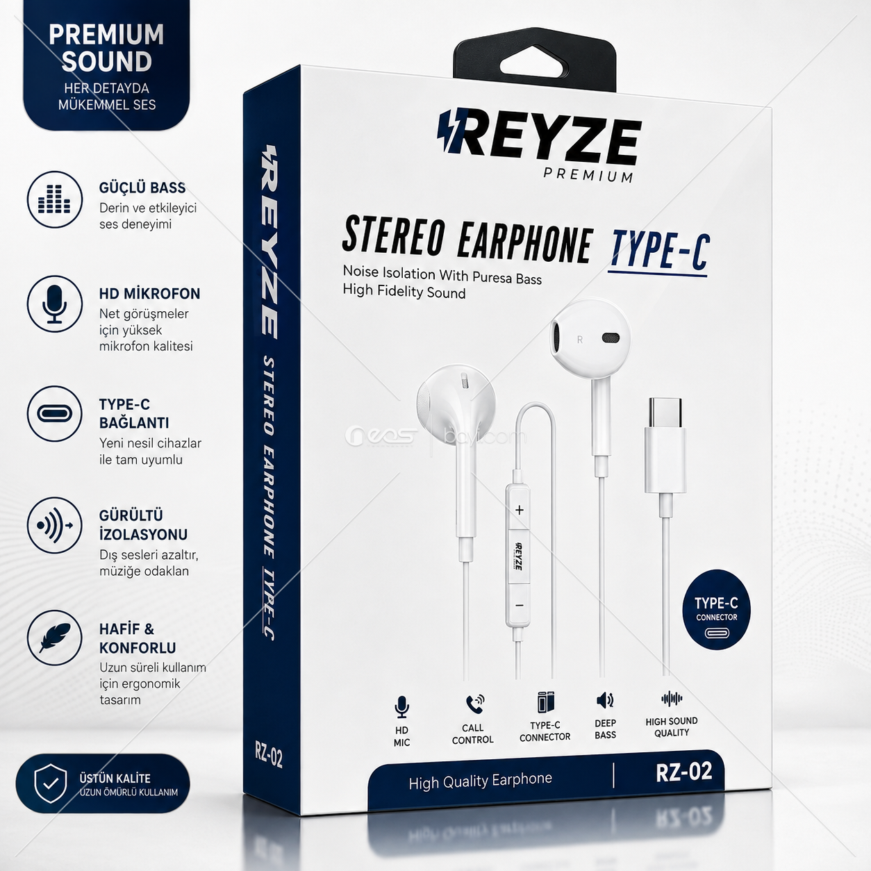 REYZE RZ-02 Type-C Stereo Kulak İçi Kulaklık – HD Mikrofonlu, Güçlü Bass, Gürültü İzolasyonlu, Hi-Fi Ses Kalitesi