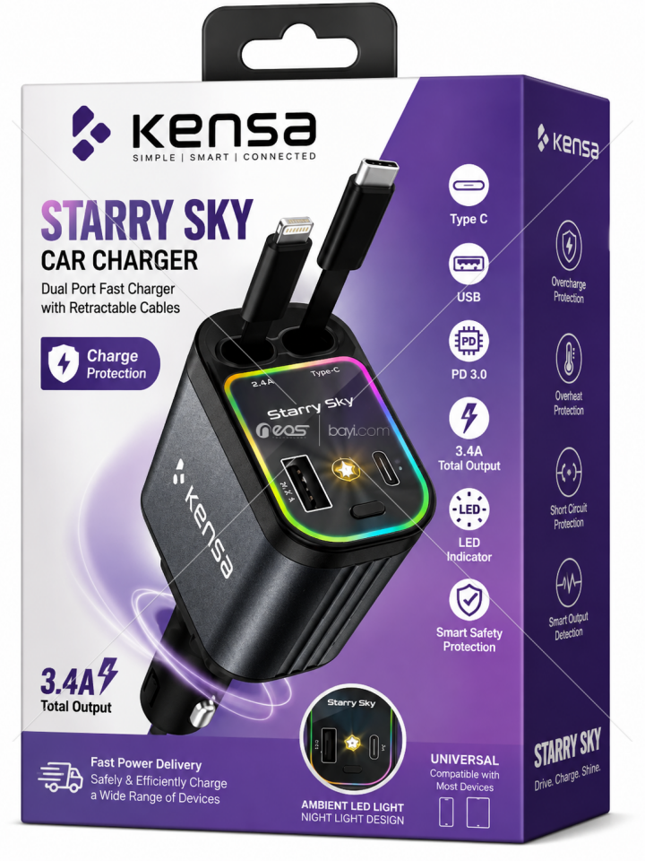 KENSA CR-75 Araç Hızlı Şarj Cihazı – USB-C PD, USB QC Hızlı Şarj, Akıllı Koruma Sistemi, Universal Araç Şarj Adaptörü