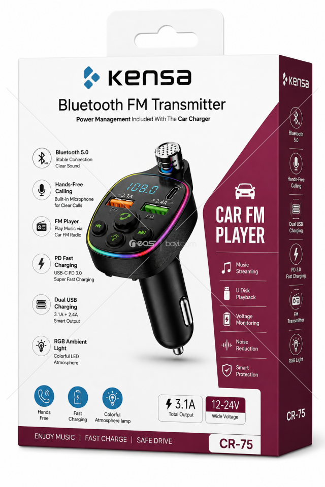 KENSA KT-326 Bluetooth FM Transmitter Araç Şarj Cihazı – PD Hızlı Şarj, QC 3.0, RGB Aydınlatma, Hands-Free Görüşme, USB Müzik Çalar