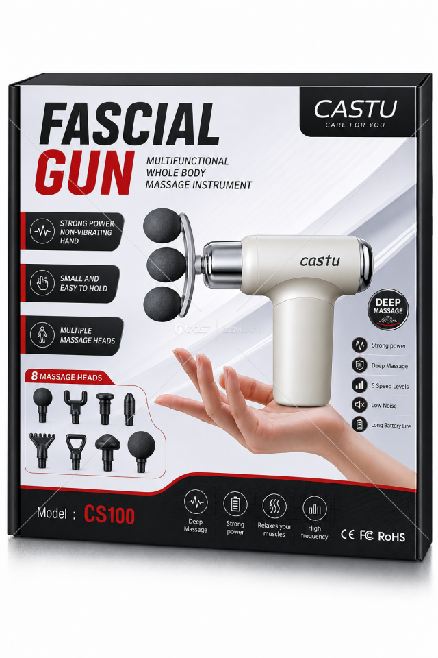CASTU THERA PRO Şarjlı Masaj Tabancası – 8 Başlıklı Derin Doku Kas Gevşetici Fasya Masaj Cihazı