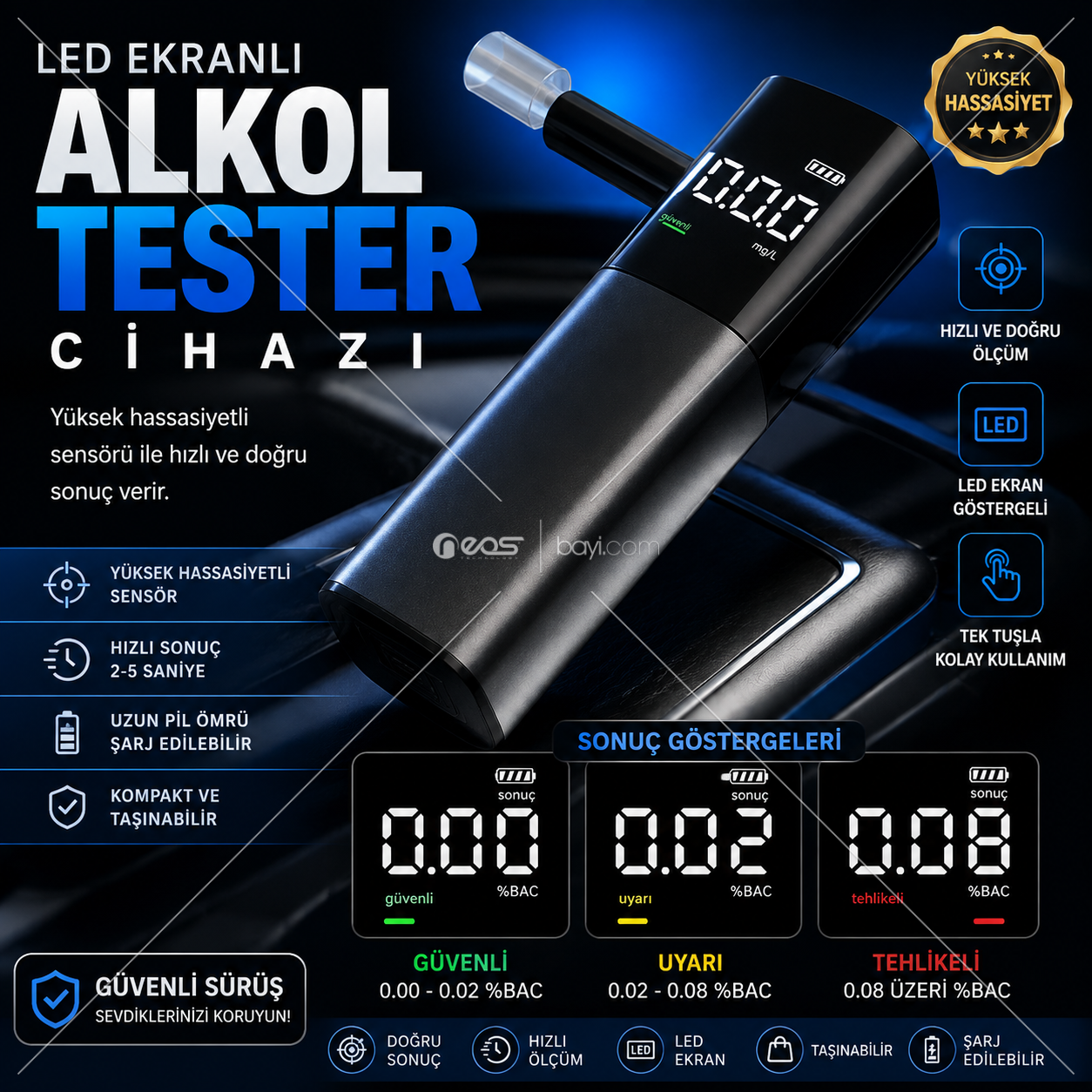 AT-01 Pro Dijital LED Alkol Test Cihazı – Hızlı ve Hassas Alkol Ölçer