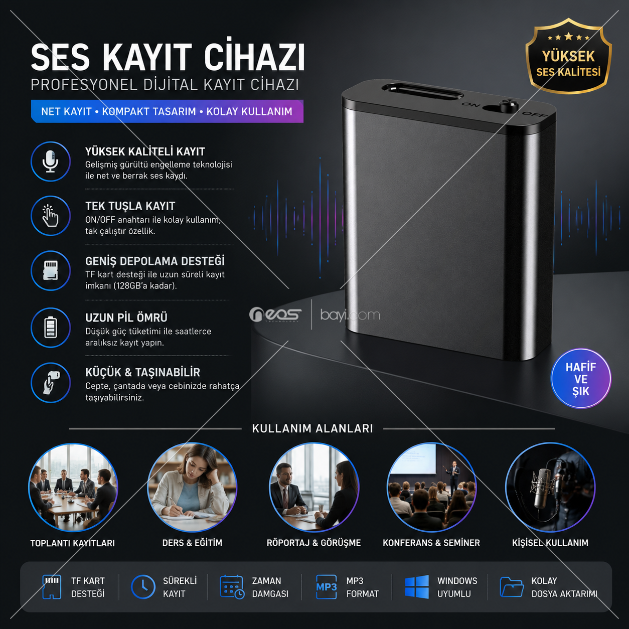 VR-01 Pro Profesyonel Dijital Ses Kayıt Cihazı – Mini, Şarjlı ve Yüksek Kaliteli Kayıt