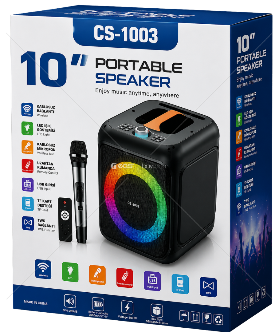 TR-4696 10 İnç RGB LED Işıklı Taşınabilir Bluetooth Hoparlör – Kablosuz Mikrofonlu, Kumandalı, USB/TF ve TWS Destekli