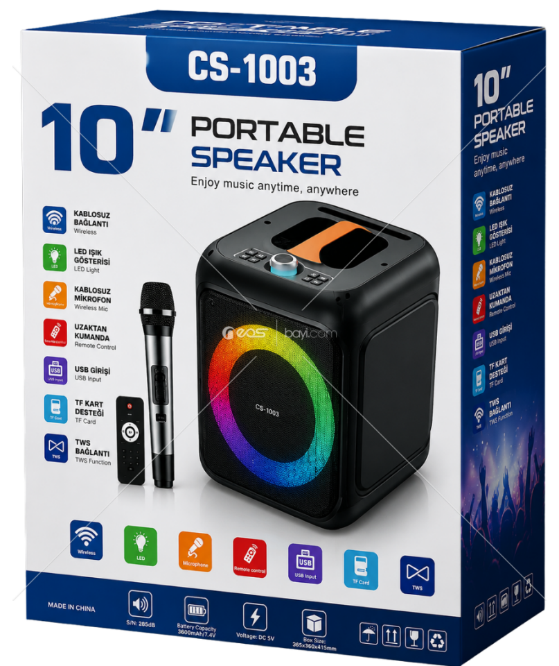 TR-4696 10 İnç RGB LED Işıklı Taşınabilir Bluetooth Hoparlör – Kablosuz Mikrofonlu, Kumandalı, USB/TF ve TWS Destekli