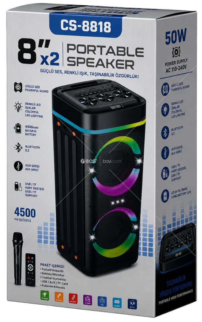 TR-4695 8 İnç Çift Hoparlörlü 50W RGB LED Işıklı Taşınabilir Bluetooth Speaker – Mikrofonlu, Kumandalı, USB/TF ve AUX Destekli