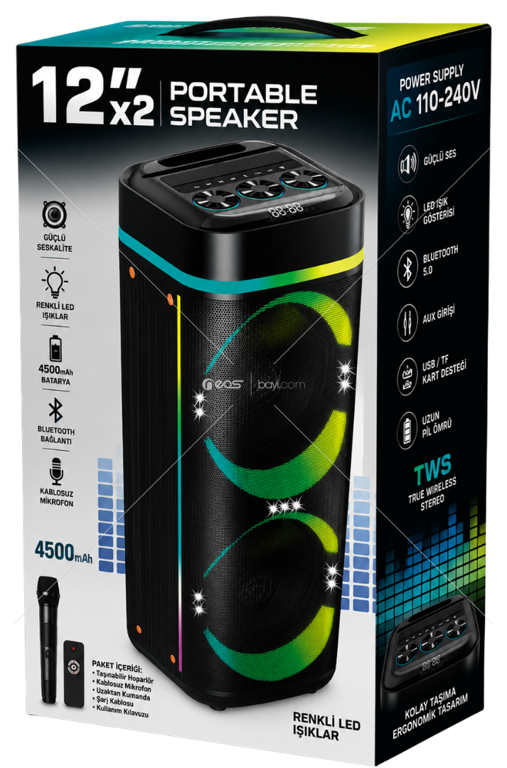 TR-4694 12 İnç Çift Hoparlörlü RGB LED Işıklı Taşınabilir Bluetooth Speaker – Kablosuz Mikrofonlu, Kumandalı, 4500mAh, USB/TF ve TWS Destekli