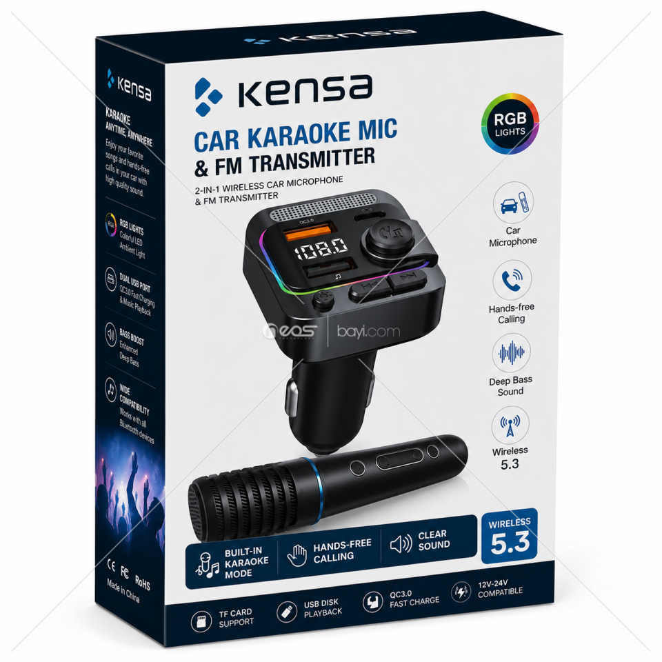 KENSA Araç İçi Karaoke Mikrofonu & Bluetooth 5.3 FM Transmitter – RGB Işıklı, Hands-Free, QC3.0 Hızlı Şarj