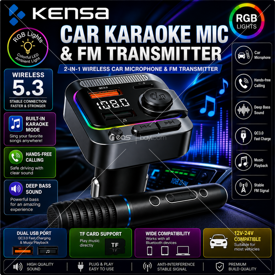 KENSA Araç İçi Karaoke Mikrofonu & Bluetooth 5.3 FM Transmitter – RGB Işıklı, Hands-Free, QC3.0 Hızlı Şarj