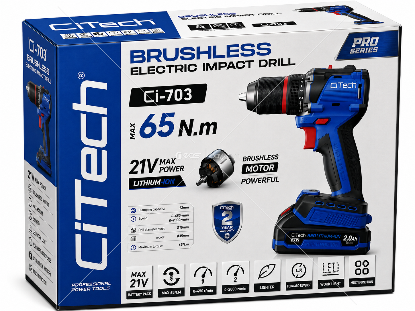 CiTech Ci-703 21V 65Nm Kömürsüz Profesyonel Darbeli Şarjlı Matkap – Brushless Motor