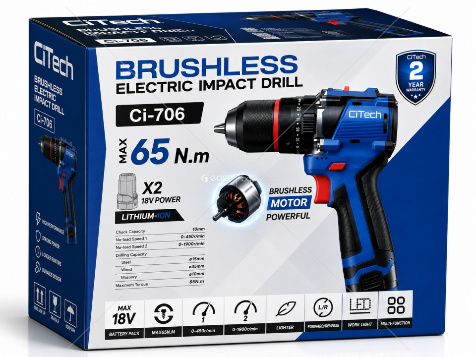 CiTech Ci-706 18V 65Nm Kömürsüz Çift Akülü Profesyonel Darbeli Şarjlı Matkap