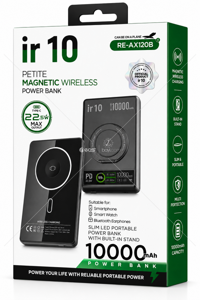 IR10 RE-AX120B 10.000mAh 22.5W PD Manyetik Kablosuz Şarjlı Standlı Powerbank