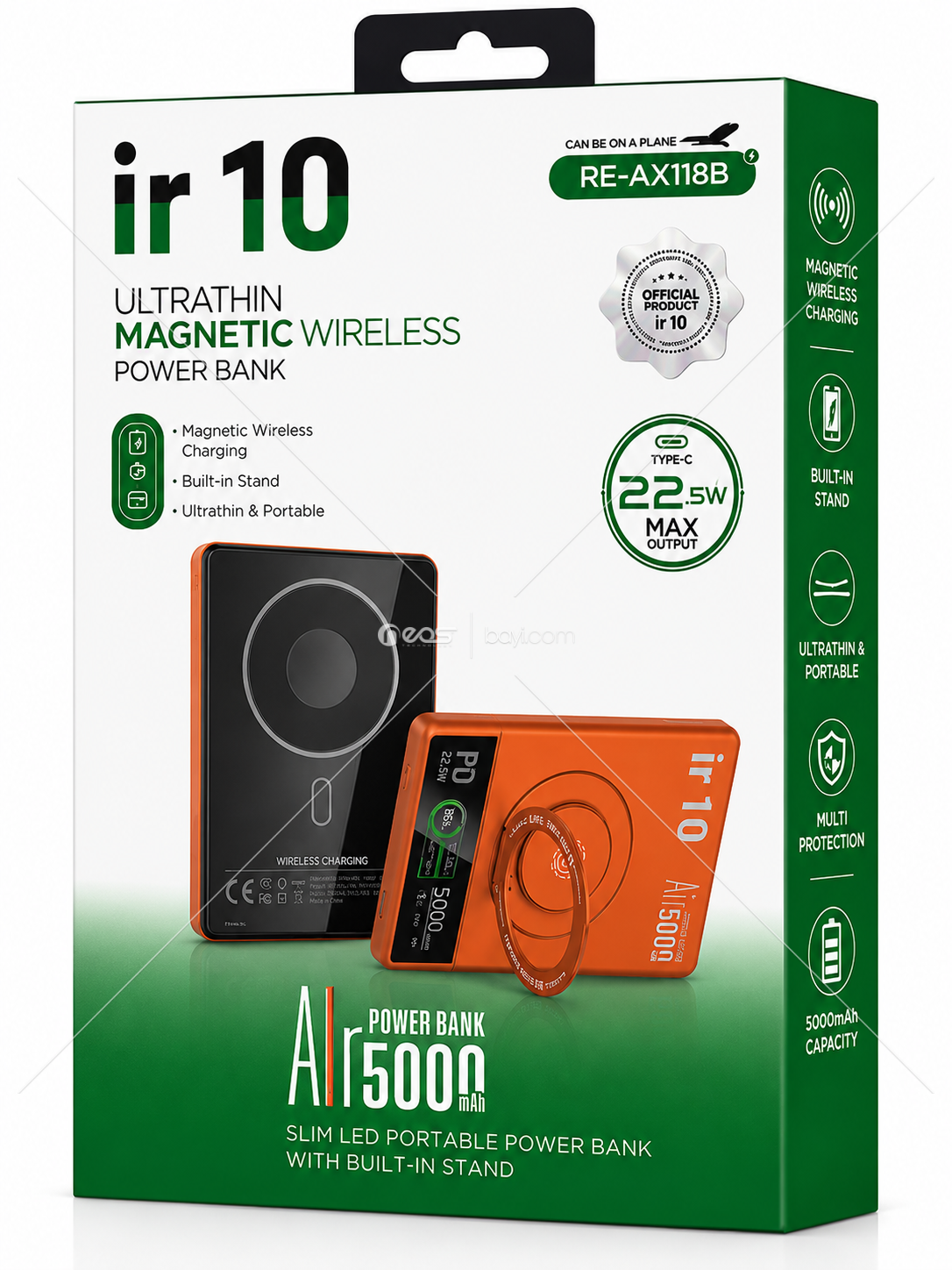IR10 RE-AX118B 5.000mAh 22.5W PD Ultra İnce Manyetik Kablosuz Şarjlı Standlı Powerbank