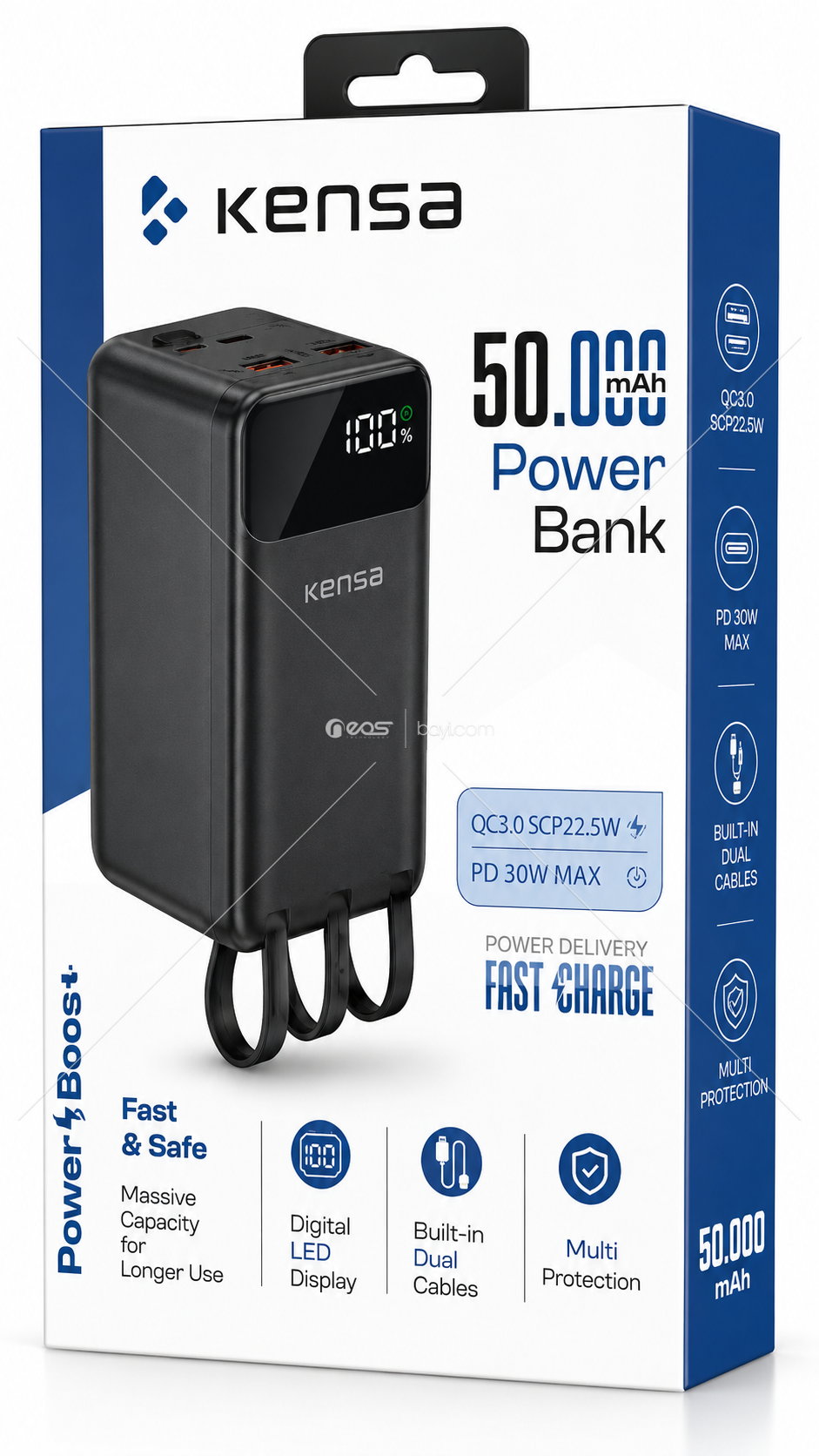 KENSA 50.000mAh 30W PD + 22.5W QC Hızlı Şarjlı Dahili Çift Kablolu Dijital Göstergeli Powerbank