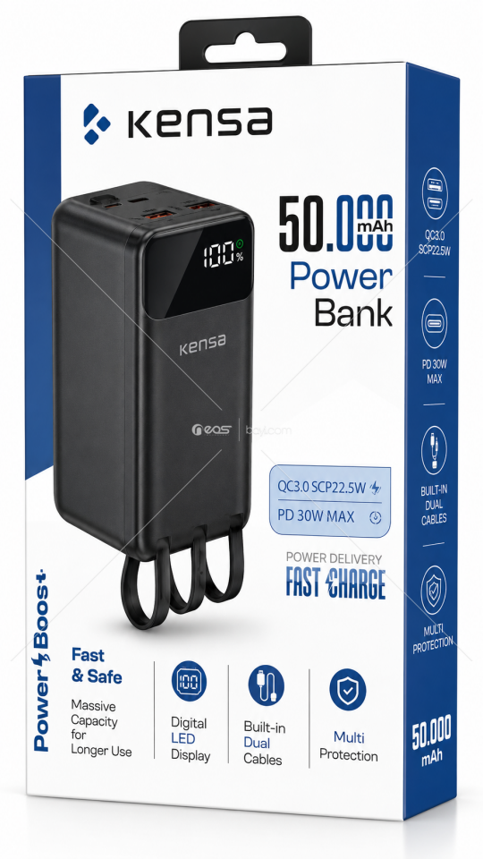 KENSA 50.000mAh 30W PD + 22.5W QC Hızlı Şarjlı Dahili Çift Kablolu Dijital Göstergeli Powerbank