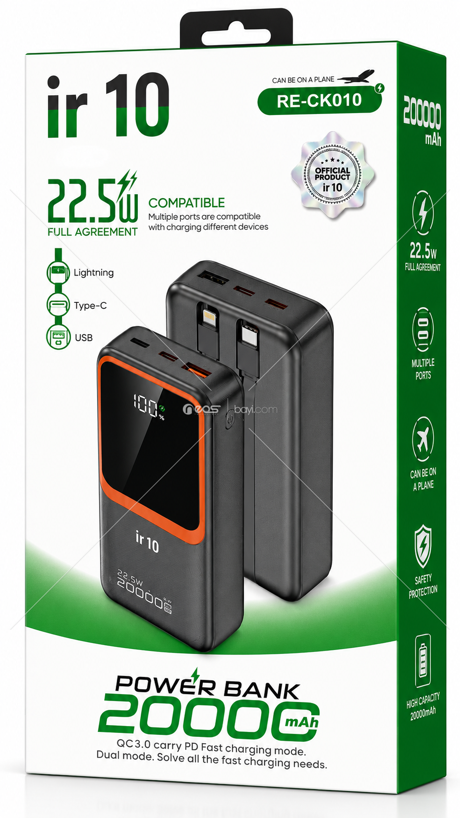 IR10 RE-CK010 20.000mAh 22.5W PD & QC 3.0 Hızlı Şarjlı Dahili Kablolu Dijital Göstergeli Powerbank