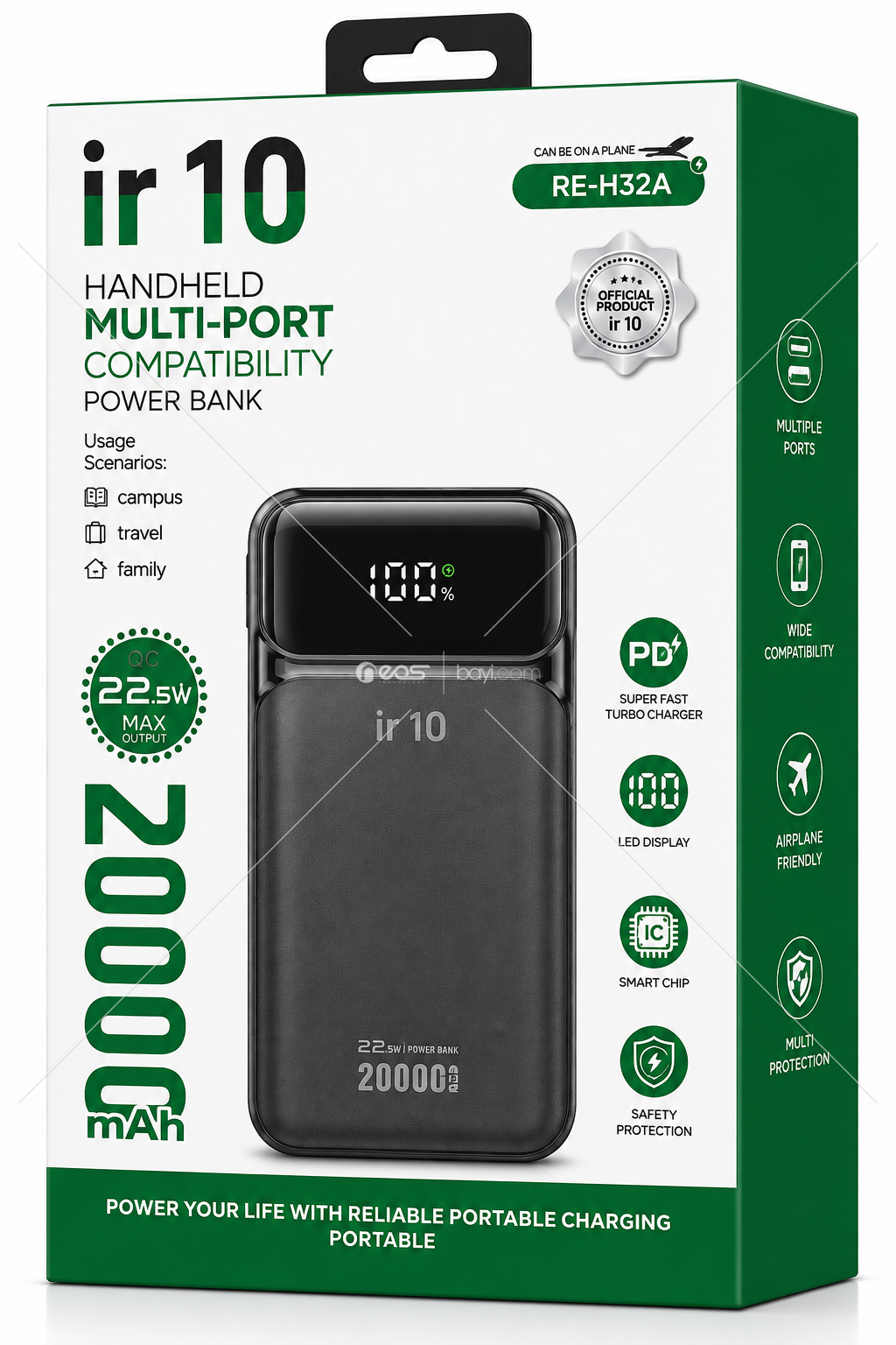 IR10 RE-H32A 20.000mAh 22.5W PD & QC Hızlı Şarjlı Çoklu Portlu Dijital Göstergeli Powerbank