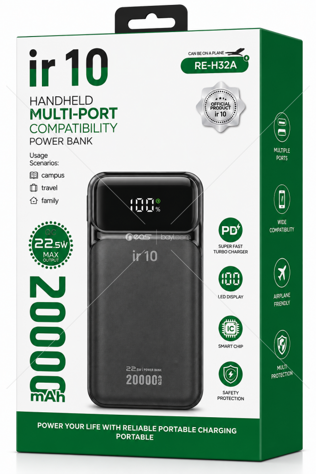 IR10 RE-H32A 20.000mAh 22.5W PD & QC Hızlı Şarjlı Çoklu Portlu Dijital Göstergeli Powerbank