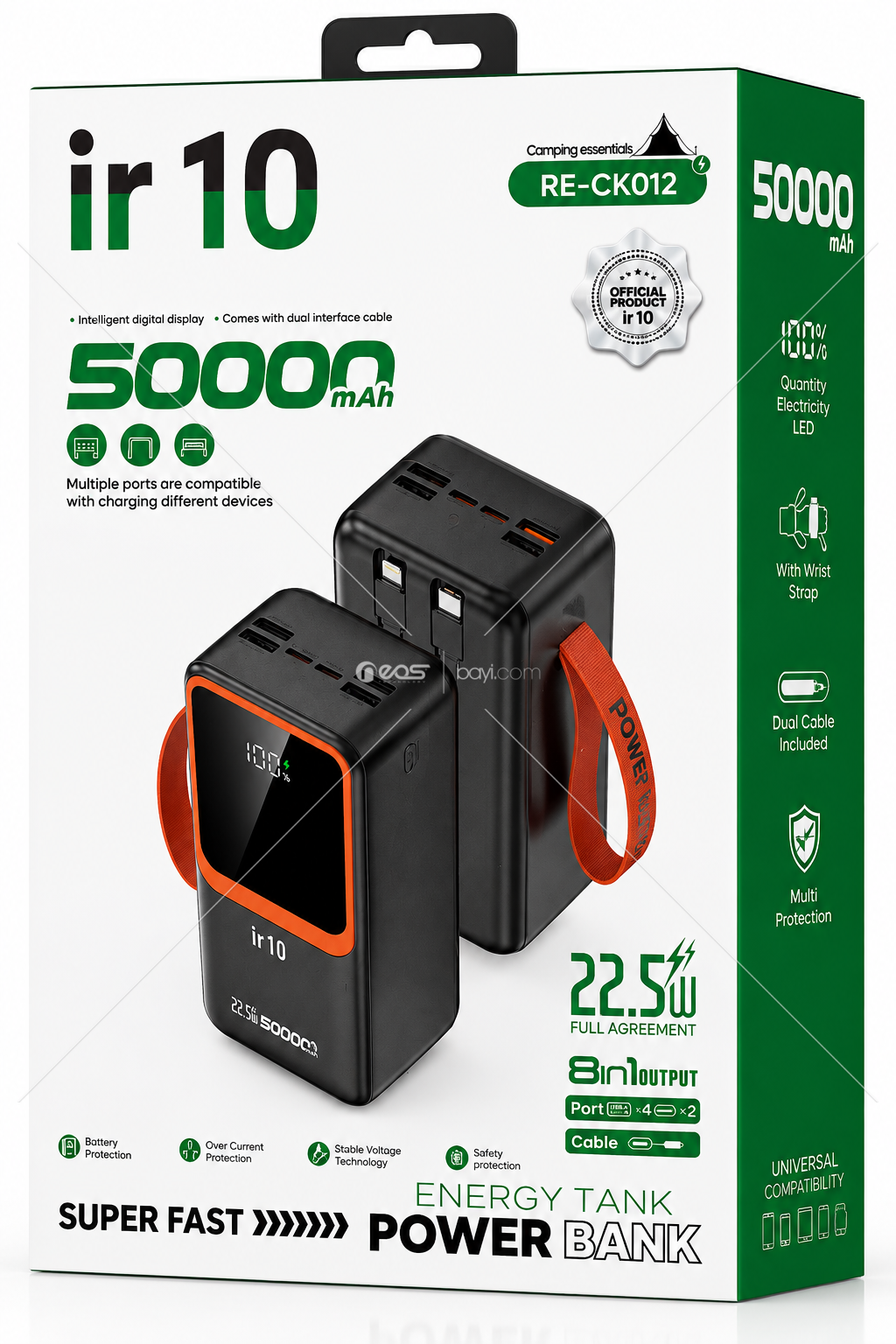 IR10 RE-CK012 50.000mAh 22.5W Süper Hızlı Şarjlı 8 Çıkışlı Dahili Çift Kablolu Dijital Göstergeli Powerbank