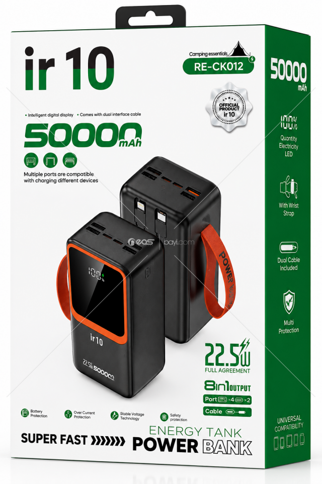 IR10 RE-CK012 50.000mAh 22.5W Süper Hızlı Şarjlı 8 Çıkışlı Dahili Çift Kablolu Dijital Göstergeli Powerbank