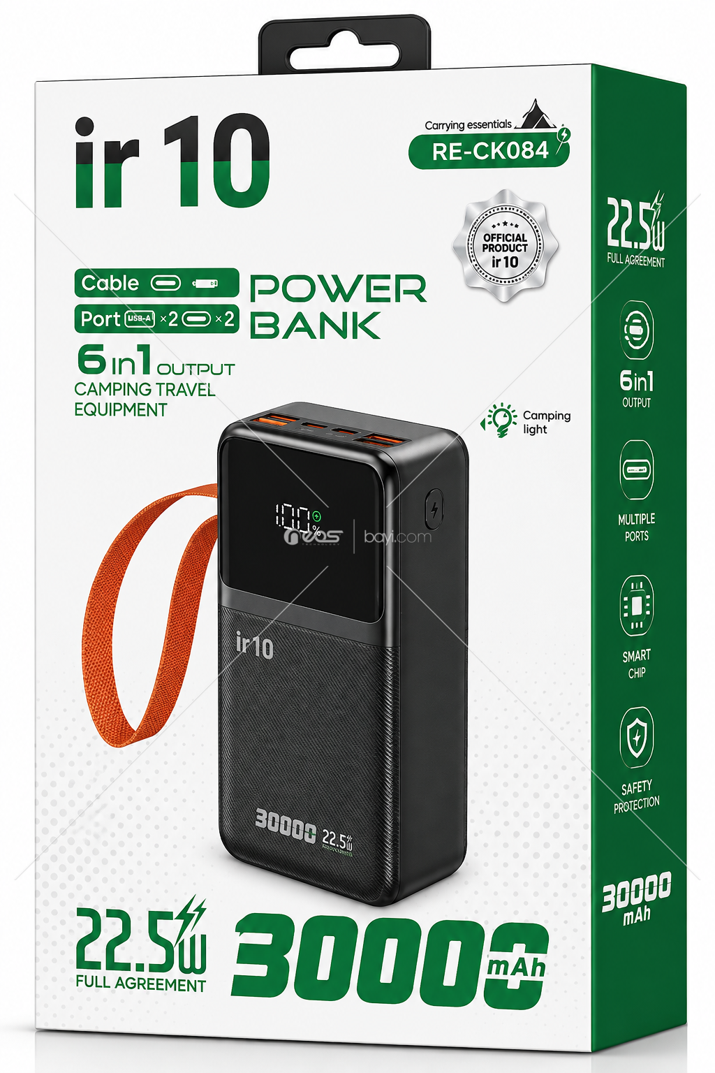 IR10 RE-CK011 30.000mAh 22.5W Süper Hızlı Şarjlı 8 Çıkışlı Dahili Kablolu Dijital Göstergeli Powerbank