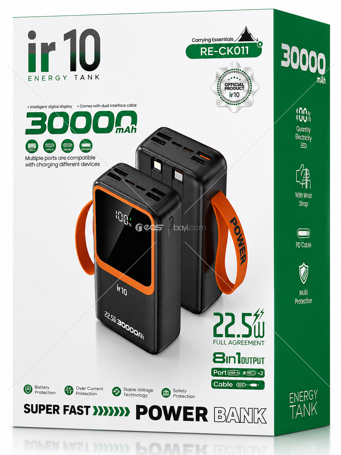 IR10 RE-CK011 30.000mAh 22.5W Süper Hızlı Şarjlı 8 Çıkışlı Dahili Çift Kablolu Dijital Göstergeli Powerbank
