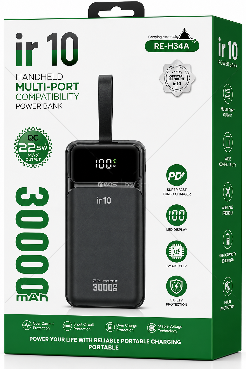 IR10 RE-H34A 30.000mAh 22.5W PD & QC Süper Hızlı Şarjlı Çoklu Portlu Dijital Göstergeli Powerbank