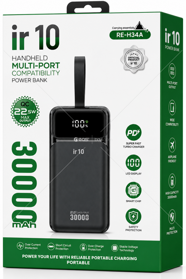 IR10 RE-H34A 30.000mAh 22.5W PD & QC Süper Hızlı Şarjlı Çoklu Portlu Dijital Göstergeli Powerbank