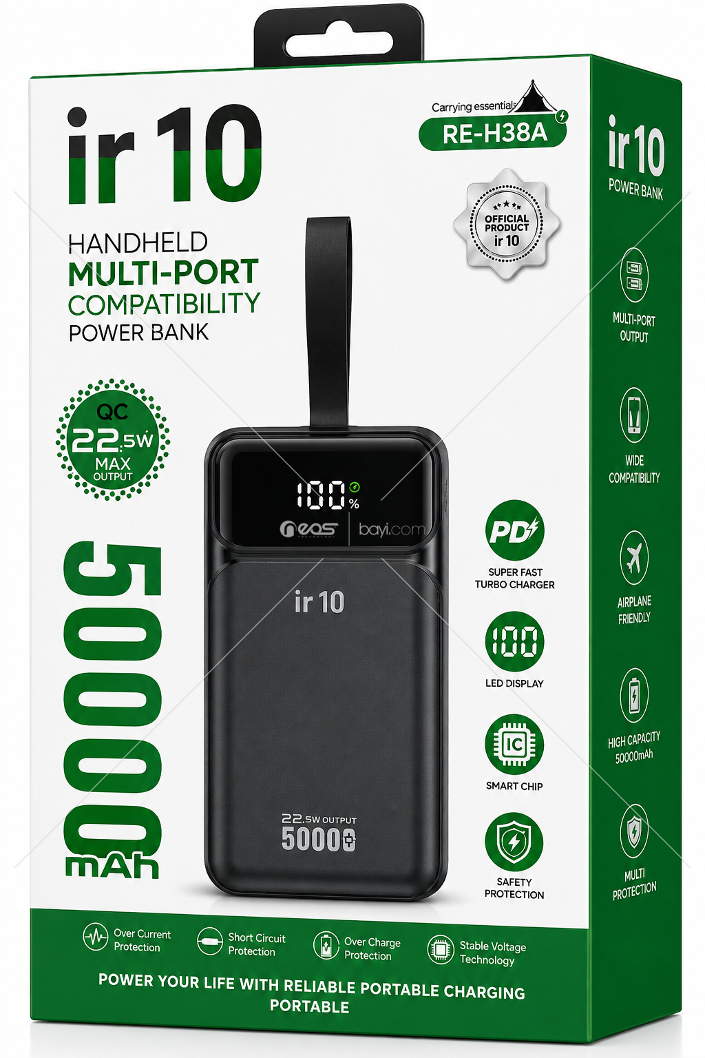 IR10 RE-H38A 50.000mAh 22.5W PD & QC Süper Hızlı Şarjlı Çoklu Portlu Dijital Göstergeli Powerbank
