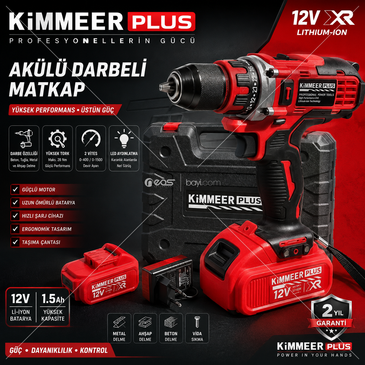 KİMMEER PLUS 12V XR Li-Ion Çift Akülü Darbeli Şarjlı Matkap Seti – 2 Vites, LED Aydınlatma, Taşıma Çantalı