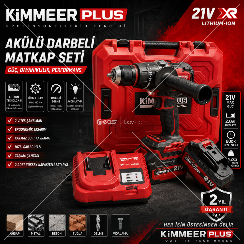 KİMMEER PLUS 21V XR LİTYUM-İYON AKÜLÜ DARBELİ MATKAP SETİ – 2 BATARYALI, 120 NM YÜKSEK TORKLU, TAŞIMA ÇANTALI