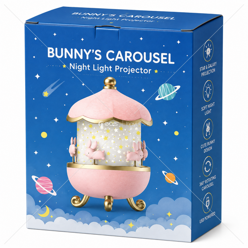 Bunny’s Carousel 360° Dönen Tavşanlı Yıldız & Galaksi Projeksiyonlu Gece Lambası