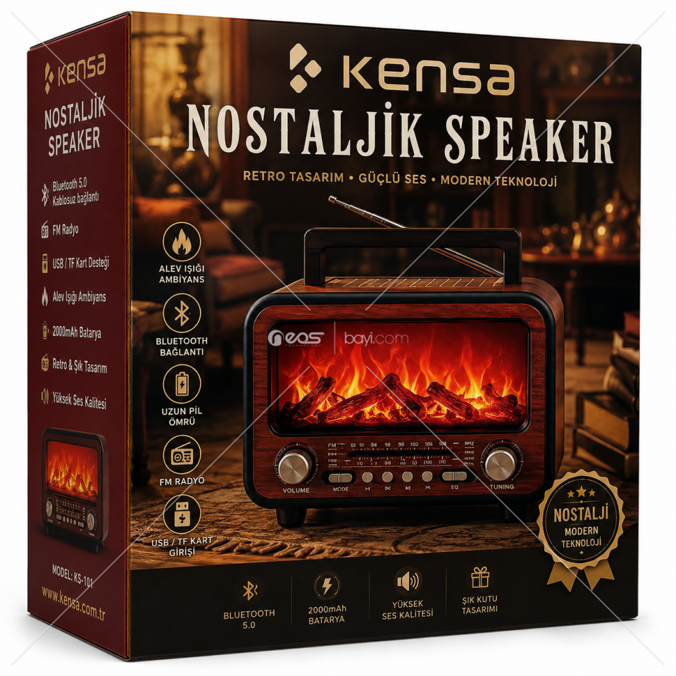 KENSA Nostaljik Alev Işıklı Bluetooth Speaker – FM Radyo & USB/TF Kart Destekli Retro Hoparlör