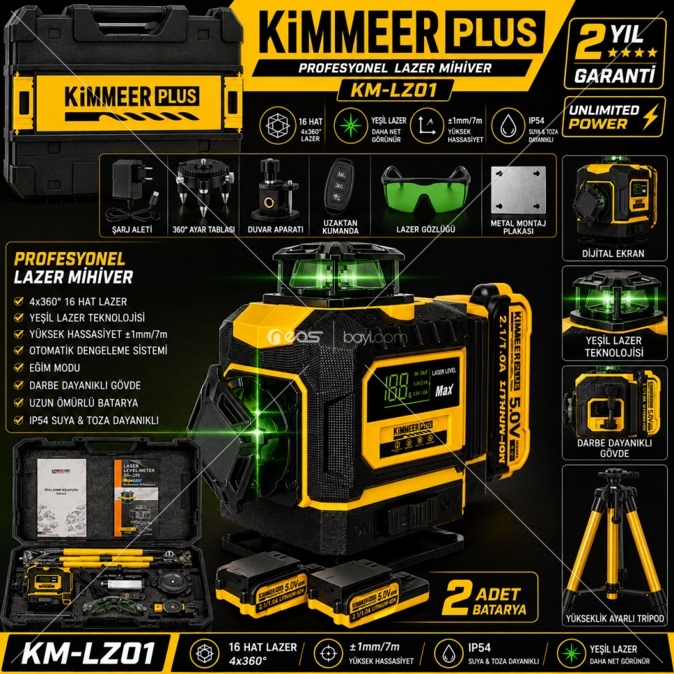 KIMMEER PLUS KM-LZ01 Profesyonel 4x360° 16 Hat Yeşil Lazer Hizalama Terazisi – Dijital Ekranlı, 2 Bataryalı, Tripodlu Tam Set SARI